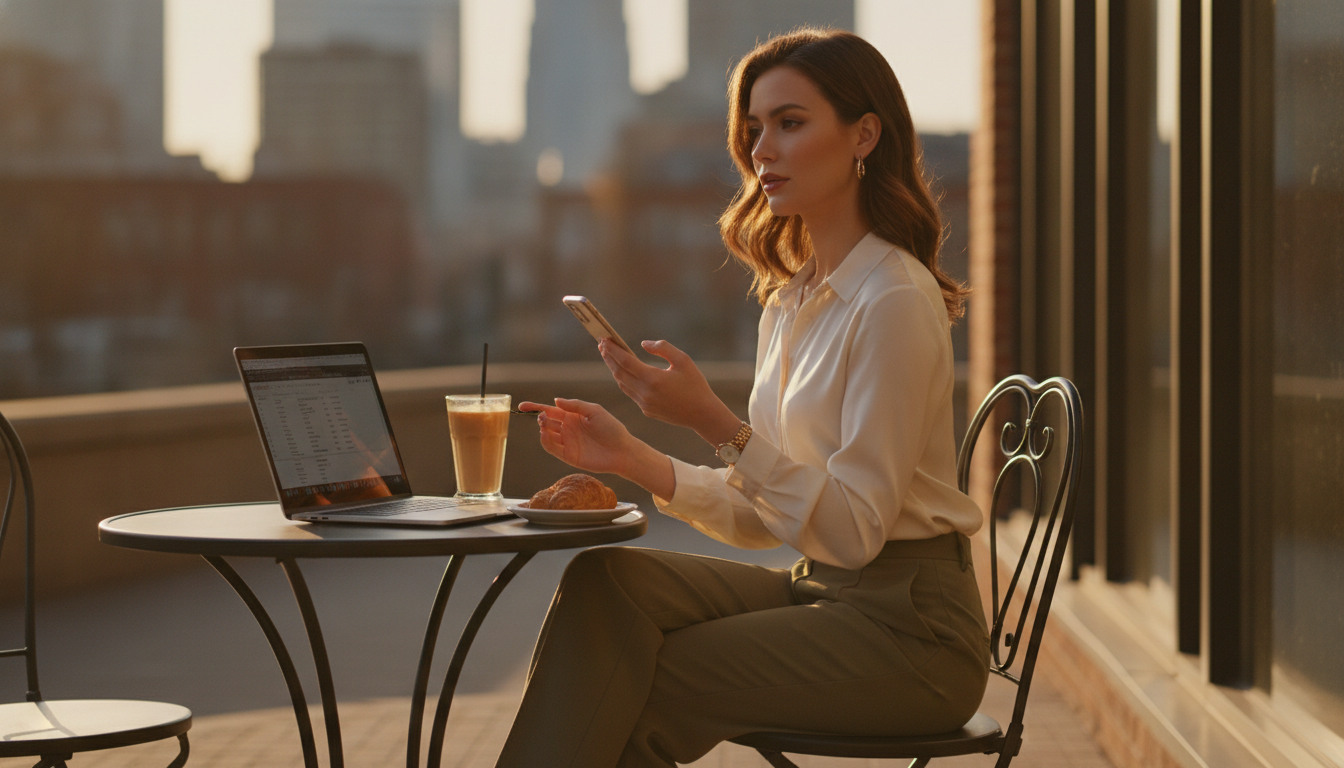 Frau vergleicht auf Terrasse Laptop und Smartphone bei der Plattformwahl