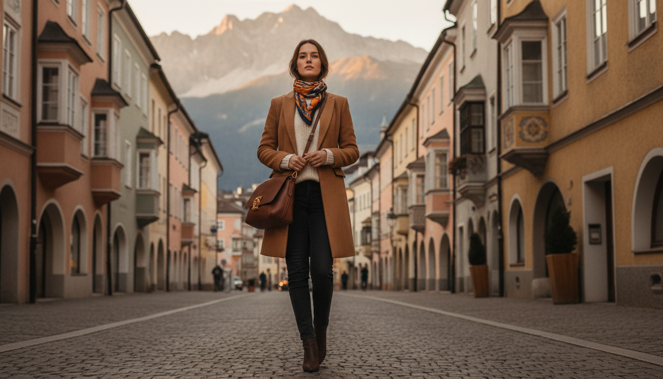 Junge Frau spaziert selbstbewusst durch Innsbruck mit Bergpanorama im Hintergrund