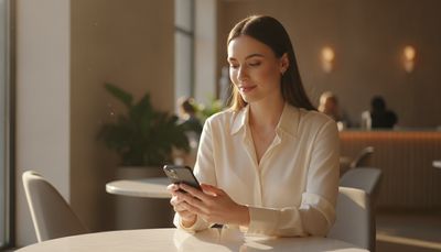 Selbstbewusste Frau tippt lächelnd eine Nachricht auf ihrem Smartphone im Café
