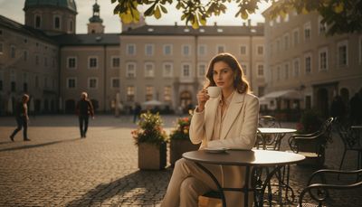 Selbstbewusste Frau sitzt elegant in einem Café in der Salzburger Altstadt